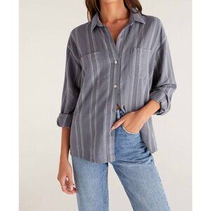 Z Supply Sunday Stripe Button Down Shirt Gray Linen Blend Relaxed Fit Long Sleev